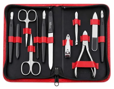 Produktbild von Maniküre Pediküre Set 12-teilig – Nagelpflege Set mit 5 Solingen Qualitätsinstrumenten, Echtleder Etui, gehärteter Stahl –  Germany Rot Glatt