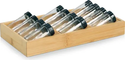 Produktbild von ZELLER 25675 Gewürzeinsatz-Set mit 12 füllbaren Gläsern, Glas/Bambus, 13-tlg., ca. 38 x 20 x 9 cm