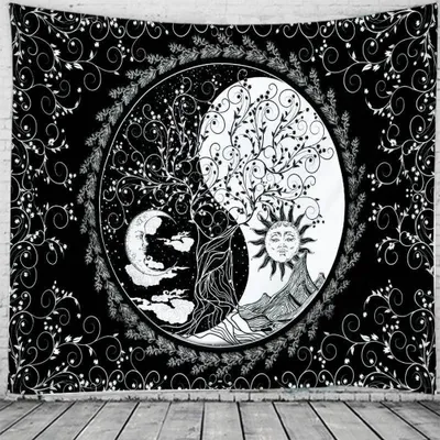 Image de Tapisserie Soleil Et Lune Noir Et Blanc Dieu Brûlant Du Soleil Avec Des Étoiles Tapisserie Psychédélique Pour Chambre Salon Décoration (230 x 180 cm,Couleur 2)