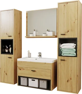 Produktbild von MIRJAN24 Badmöbel-Set Olier II, Stilvoll Badezimmer-Set mit Waschbecken (Farbe: Artisan Eiche / Schwarz, mit Siphon)