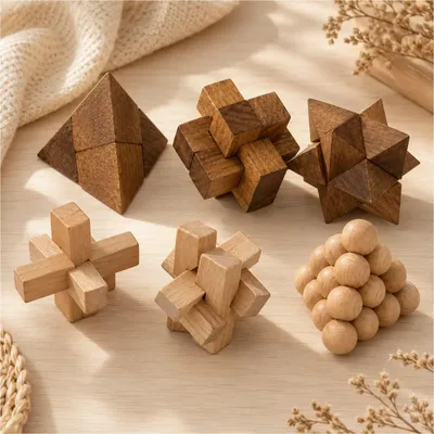 Produktbild von Gravidus Naturholz Geduldsspiel 6er Set Knobelspiel Holzpuzzle 4,5 cm