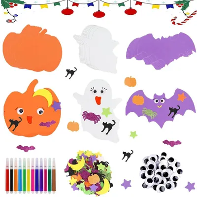 Produktbild von Bastelset Halloween Kinder 24 Schaumkürbisse 100 Sticker 50 Wackelaugen DIY Deko