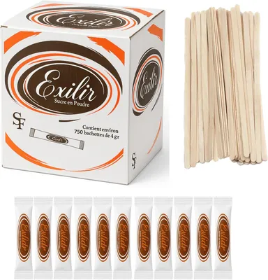 Produktbild von EXILIR 750 Zuckersticks à 4 g (3 kg) mit Holzrührstäbchen – Einzeldosierte Zuckersachets – Ideal für Heißgetränke, Kaffee & Tee