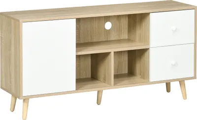 Image de HOMCOM Meuble TV banc TV pour télévision jusqu'à 45 pouces pieds en bois massif style scandinave 3 niches 1 placard avec porte et 2 tiroirs 120 x 30 x 60 cm