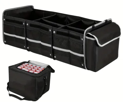 Produktbild von Kofferraum Organizer Auto - Aufbewahrungsbox mit Kühltasche - 3 Fächer - Faltbar Verstellbar - Oxfordgewebe - Schwarz
