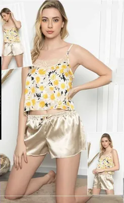 Produktbild von Damen Pyjama Satin Gold M Shorty Kurz Schlafanzug 2 Teiler C-94