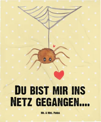 Produktbild von Mr. & Mrs. Panda Fleecedecke Spinne Agathe Liebe - Gelb Pastell - Geschenk, Schlummerdecke, Liebesgeschenk, Liebesbeweis, Babydecke, Erstlingsdecke, Schmusedecke, Plaid