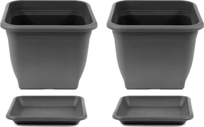 Two dark gray square planters with matching saucers are displayed side-by-side against a white background.