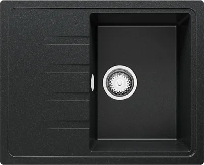 A top-down view of a black granite kitchen sink with a single basin and a drain.