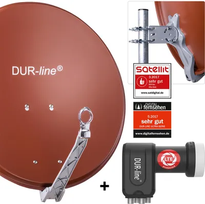 A collage showing a satellite dish, mounting hardware, and an LNB, along with promotional badges.