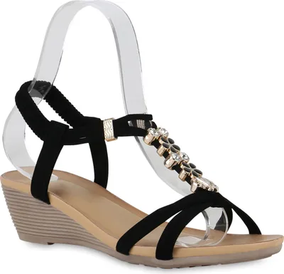 Produktbild von VAN HILL Damen Keilsandaletten Sandaletten Zierperlen Freizeit Schuhe 841077, Farbe: Schwarz, Größe: 37