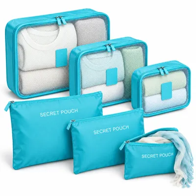 Produktbild von Koffer Organizer 6-teilig – Packing Cubes Set, Packwürfel mit Netzoberseite & Reißverschlusstaschen für Reise & Urlaub – Himmelblau
