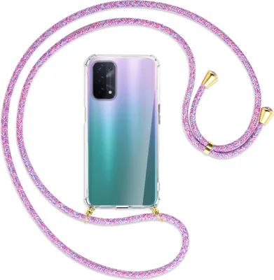Produktbild von Handykette Backcover-Schutzhülle mit Band (Metall goldfarben) für Oppo A54 5G / A74 5G (CPH2197) - lila/rosa/blau