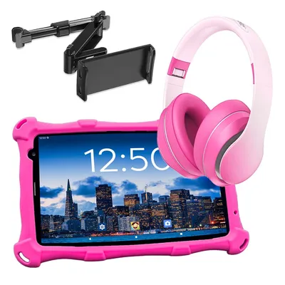 Produktbild von AngelTech Kindertablet PRO MAX Rosa mit Kopfhörer und Tablet-Halterung