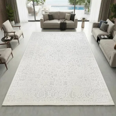 Produktbild von Teppich Creme mit Ornament Muster pflegeleicht Wohnbereich Größe - 80 x 150 cm