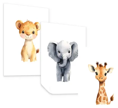 Immagine prodotto di Set di poster Muralo per la cameretta dei bambini ANIMALI SELVATICI Leone Elefante Giraffa 3 poster 21x30 cm