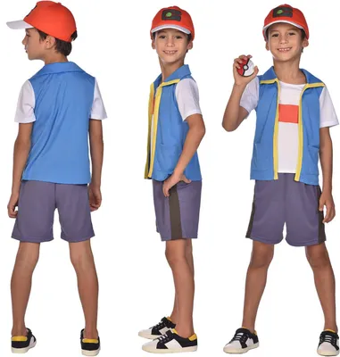 A young boy is shown from multiple angles wearing a Pokemon Ash Ketchum costume.