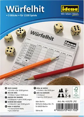Produktbild von Würfelhit, 3 Spielblöcke mit je 85 Blatt für 1530 Spiele Idena Größe ca. 10,5 x 15 cm, beliebter Spieleklassiker für die Wohnung, Garten und auf Reisen