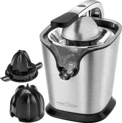 A stainless steel electric citrus juicer with two black attachments.