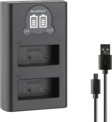 Produktbild von Blumax Dual LCD Ladegerät | für  Fuji NP-W126 Laden über USB-C oder Micro-USB