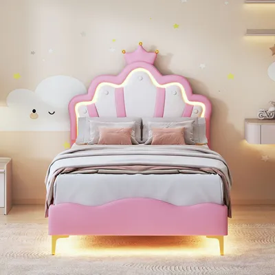 Obrázok produktu pre Čalúnená posteľ 90 x 200 cm, v tvare koruny, Imitácia kože, LED posteľ s lamelovým roštom, ružová