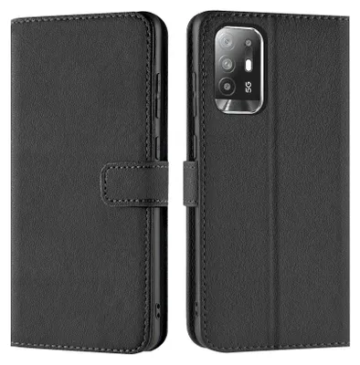 A black book-style phone case is shown from the front and back.