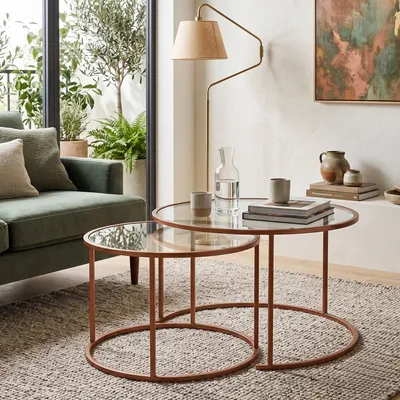 Obrázok produktu pre Skye Decor, kvalitná sada konferenčných stolíkov (3 kusy) – oranžová, 100% sklo, 100% kov
