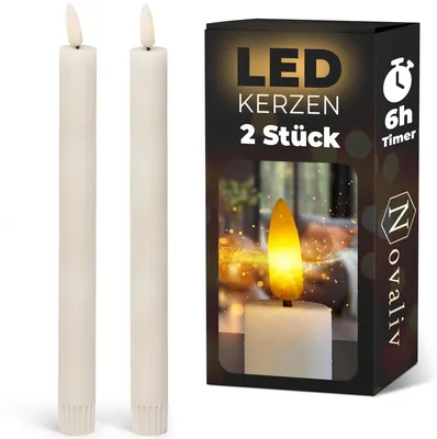 Produktbild von LED Stabkerze 2er indoor mit Timer Funktion - 6 Stunden - Weiß - 20cm Höhe für 2,2cm Durchmesser / 1x AA Batterie notwendig - Stabkerze LED bewegliche Flamme