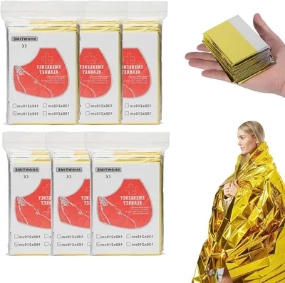 Immagine prodotto di Coperte termiche di emergenza - Coperte per il pronto soccorso - Utili per la sopravvivenza all'aperto - Impermeabili e antivento - Confezione da 6 pezzi, dimensioni 160x210 cm - Colori: oro e argento