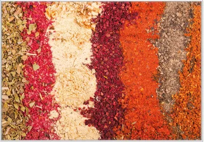 Produktbild von Wallario Wandbild Bunte Gewürze in Streifen - Chili, Curry usw, Größe: 70,30 x 100,30 cm, Poster mit weißem Kunststoffrahmen