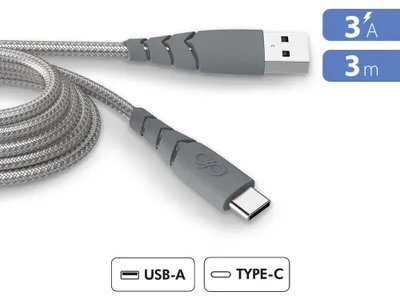 Image de Câble UltraRenforcé A/C 3A 3m Recyclé Gris
