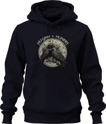 Obrázek produktu pro Huginn Muninn Viking Raven Odin Vegvisir Runes Gothic Nordic Uni mikina s kapucí, Navy, XL
