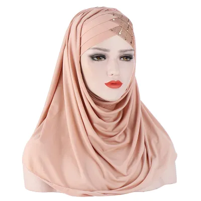 Produktbild von Frauen weiche Seide mit Pailletten Hijab Headwrap Kopftuch Turban Hut Mütze Kopfbedeckung-Rosa
