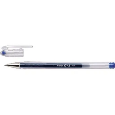 A blue gel pen with its cap off, lying on a white background.