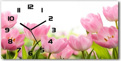 Produktbild von Wanduhr aus Glas – 60x30 cm - Glasbild - Glasuhr - Gehärtetes Glas - schwarze-zeiger - Rosafarbene Tulpen