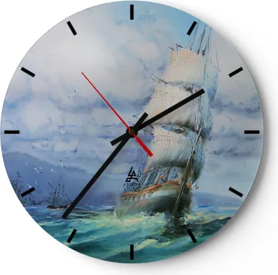 Produktbild von Wanduhr - Rund - Glasuhr - Meer Segelschiff - 30x30cm - Schleichendes Uhrwerk - Lautlos - zum Aufhängen bereit - Dekoration Modern - Wanddekoration aus Glas - C3AR30x30-3782