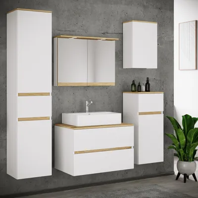 Produktbild von VCM 6-tlg. Waschtisch Set mit Keramikbecken, Badschrank mit 2 Softclose-Schubladen, Hochschrank, Midischrank, Hängeschrank, Spiegelschrank mit Beleuchtung und Steckdose, Maße Unterschrank H. 51 x B. 80 x T. 51 cm, Cosila-A
