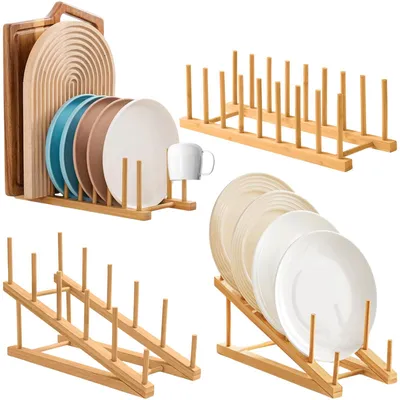 4er Set Bambus-Bordenständer, Tellerhalter, Küchenorganizer, Abtropfgestell