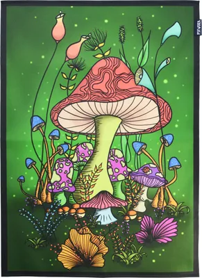 Produktbild von PSYWORK Schwarzlicht Stoffposter Neon "Magic Mushroom Wonderland", 50x70cm