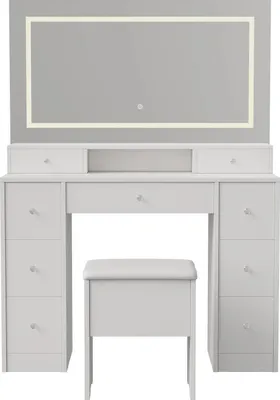 Produktbild von Schminktisch mit Spiegel - Frisierkommode - 3-farbiges LED-Licht mit Touch - Großer Spiegel - Viele Schubladen - Mit Hocker - 110x40x150 cm Weiß