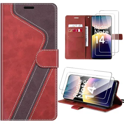 Image de Coque + 2 Verres Trempés pour Xiaomi Redmi Note 14 Pro 5G, Cuir Synthétique Antichoc Rouge Marron