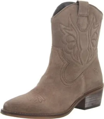 A single beige cowboy boot is shown against a white background.