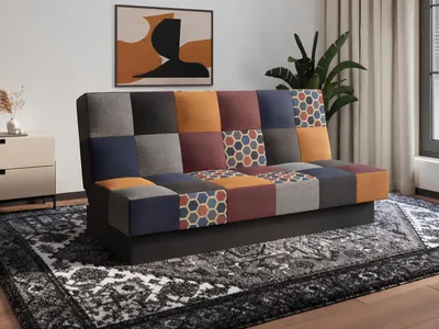 Produktbild von Sofa mit Schlaffunktion und Bettkasten Couch für Wohnzimmer, Polstersofa Wohnlandschaft mit Bettfunktion, Sofagarnitur - Schlafsofa - Cyprus patchwork - Weinrot + Gelb (Bragi 86/68/92/34/16 + M103)