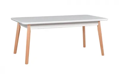 A white rectangular table with light brown wooden legs, isolated on a white background.
