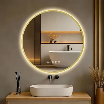 Image de S'AFIELINA Miroir Salle de Bain LED Rond 70 cm avec Éclairage, cadre doré, 3 températures de couleur, variateur, antibuée, horloge & température