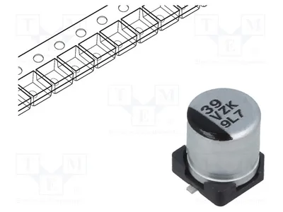 Image de 1 condensateur : modèle hybride, ESR : 100 mΩ, 35 VDC, ZKU 39 µF, SMD EEHZK1V390UR, SMD-H