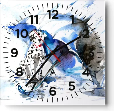Produktbild von Wanduhr - Quadrat - Glasuhr - Hund Regenschirm Regen Wetter - 30x30cm - Schleichendes Uhrwerk - Lautlos - zum Aufhängen bereit - Dekoration Modern - Wanddekoration aus Glas - C4AC30x30-3044