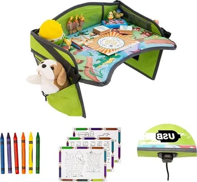 Zdjęcie produktu dla Samochód podróżny dla dzieci – przenośny plac zabaw – niebieski stolik na tablet – dla dzieci w podróży – zabawki na podróż – fotelik do samolotu, pociągu i wózka – niebieski