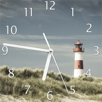 Produktbild von Wallario Design Wanduhr Leuchtturm auf der Düne am Strand aus Echtglas, Größe 20 x 20 cm