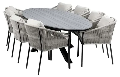 Produktbild von 9-teiliges Garten-Set | 8 Elvira Gartenstühle (Schwarz) | 280 cm ovaler Limasol-Gartentisch (Grau)